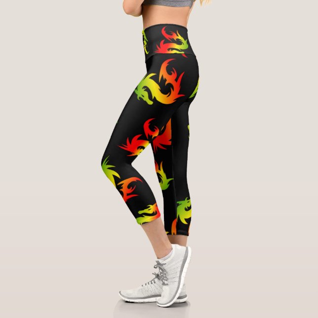 COLORFUL RED DRAGON PATTERN IN BLACK CAPRI LEGGINGS (Left)
