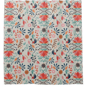 Colorful red floral blue birds folk art pattern