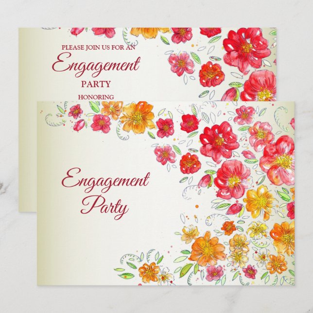 Colorful Red Yellow Pink Floral Engagement Party Invitation (Front/Back)