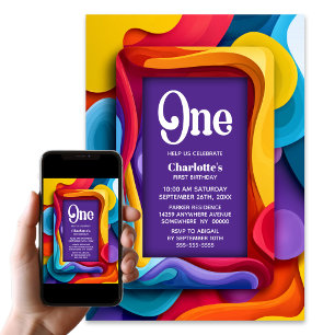 Colorful Retro 1st Birthday Party Invitation