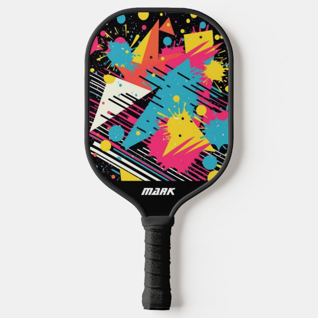 Colorful Retro 80's Splatter Pattern Monogram Name Pickleball Paddle (Back)