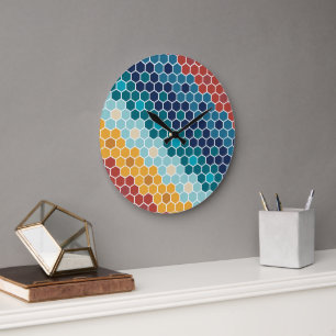 Colorful Retro Floral Mosaic Hexagon Pattern Large Clock
