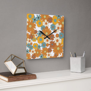 Colorful Retro Flower Pattern  Square Wall Clock
