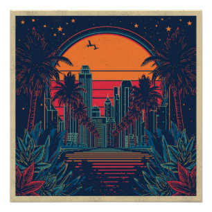 Colorful Retro Futuristic Doodle Style Skyline Poster
