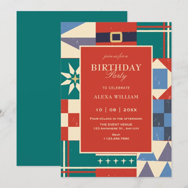 Colorful retro geometric birthday invitation (Front/Back)