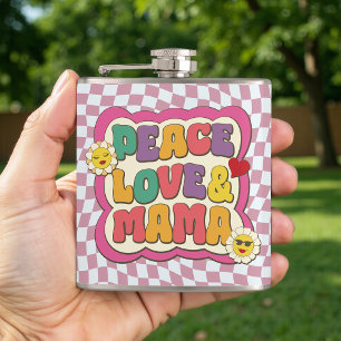 Colorful Retro Groovy Mom Quote Typography Hippie Hip Flask