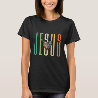 Colorful Retro JESUS Leopard Heart Christian Desig T-Shirt