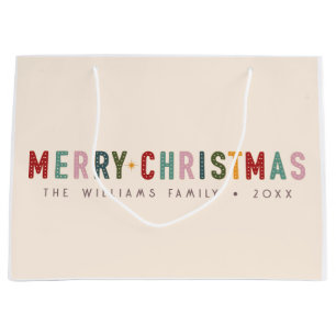 Colorful Retro Merry Christmas Vintage Typography  Large Gift Bag