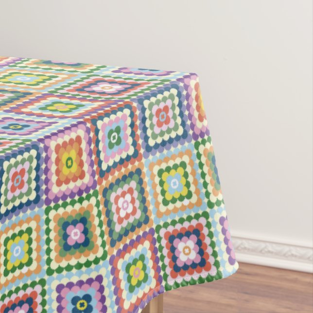 Colorful Retro Mid-Century Mid-Mod Crochet Blossom Tablecloth (In Situ)