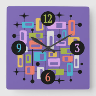 Colorful Retro Mid Century Modern Atomic Abstract Square Wall Clock