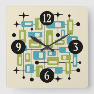Colorful Retro Mid Century Modern Atomic Abstract Square Wall Clock