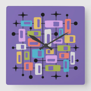 Colorful Retro Mid Century Modern Atomic Abstract Square Wall Clock