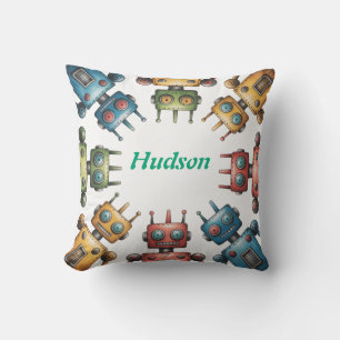 Colorful Retro Robots Boy Birthday Party Gift Throw Pillow
