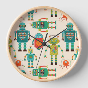 Colorful Retro Robots Pattern Clock