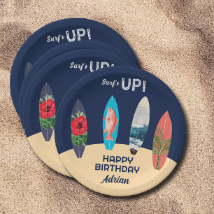 Colorful Retro Surfboards Surfs Up Birthday Party Paper Plate