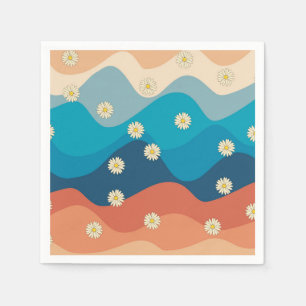 Colorful Retro Waves & Daisies Pattern Napkin