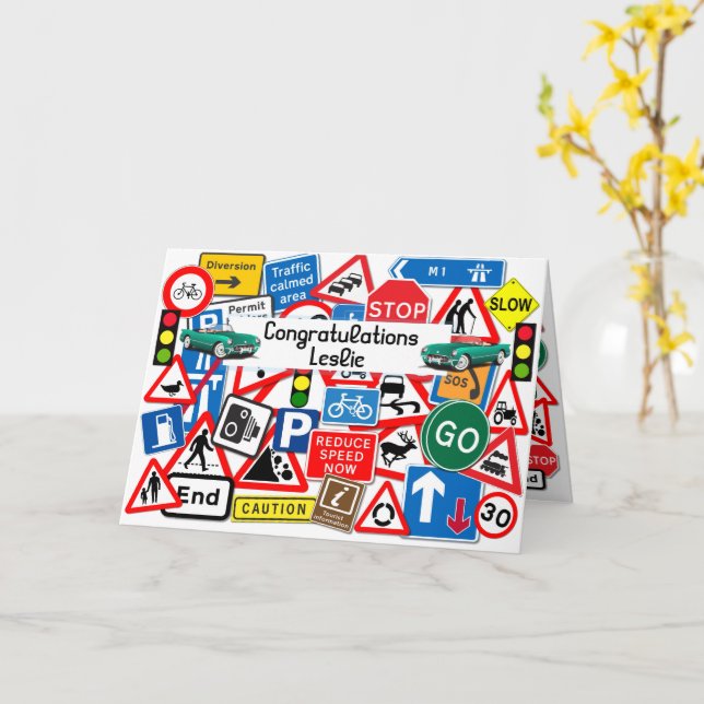 Colorful Road Signs Passed Driving Test Congrats Card (Yellow Flower)