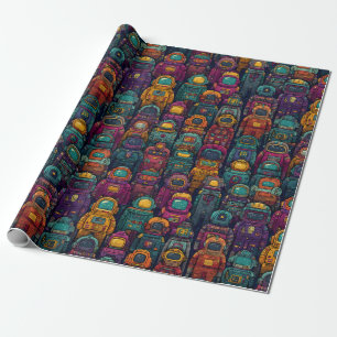 Colorful Robot Lineup Retro Wrapping Paper