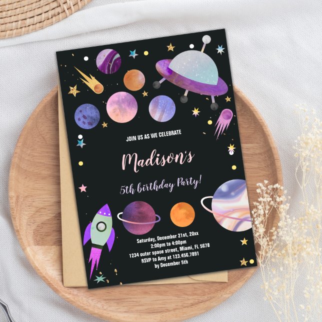 Colorful Rocket & Galaxy Theme for Kids Invitation (Outer Space Birthday Invitations)