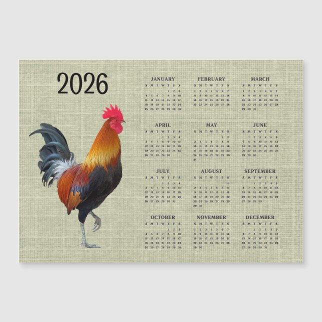 Colorful Rooster 2026 Calendar Magnetic Card (Front)
