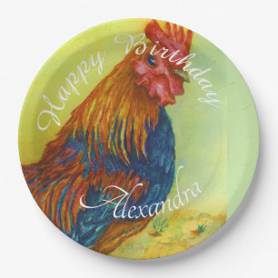 Colorful Rooster Happy Birthday Paper Plate