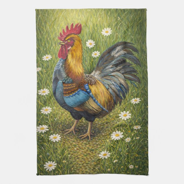 Colorful Rooster in Daisy Meadow Kitchen Towel (Vertical)