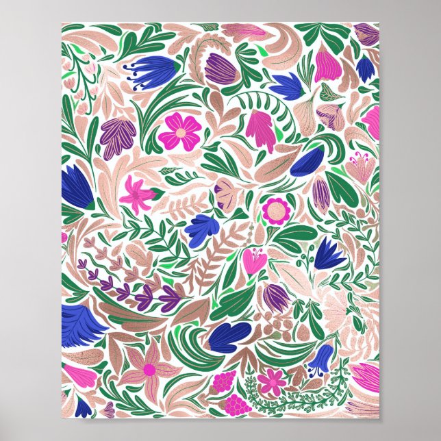 Colorful Rose Gold Floral Leaf Illustrations Poster (Front)