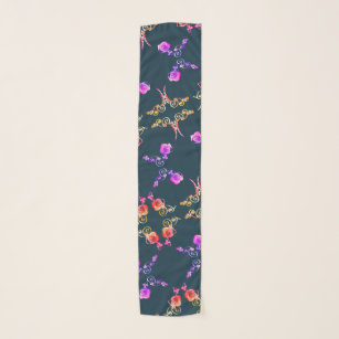 Colorful Rose Heart Pattern on Dark Blue Scarf