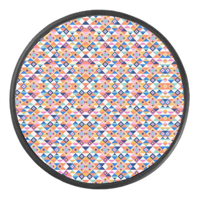 Colorful round speaker with a vibrant geometric  hockey puck (Front)