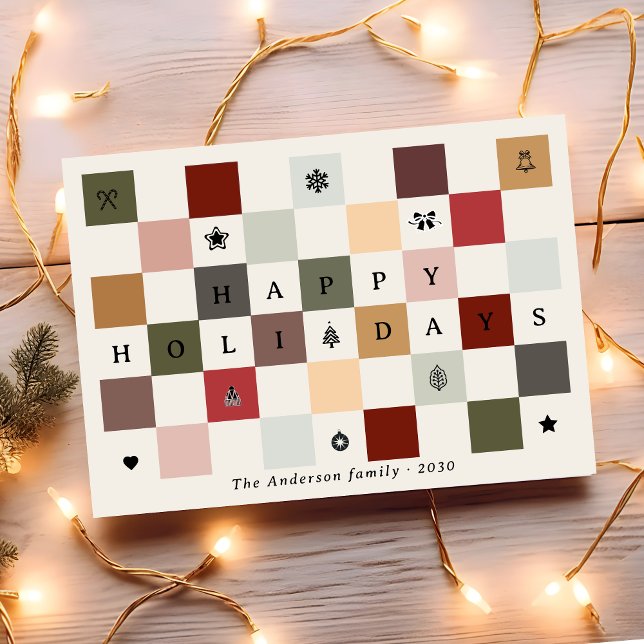 Colorful Rustic Cute Happy Holidays Checkerboard  Holiday Card (Creator Uploaded)