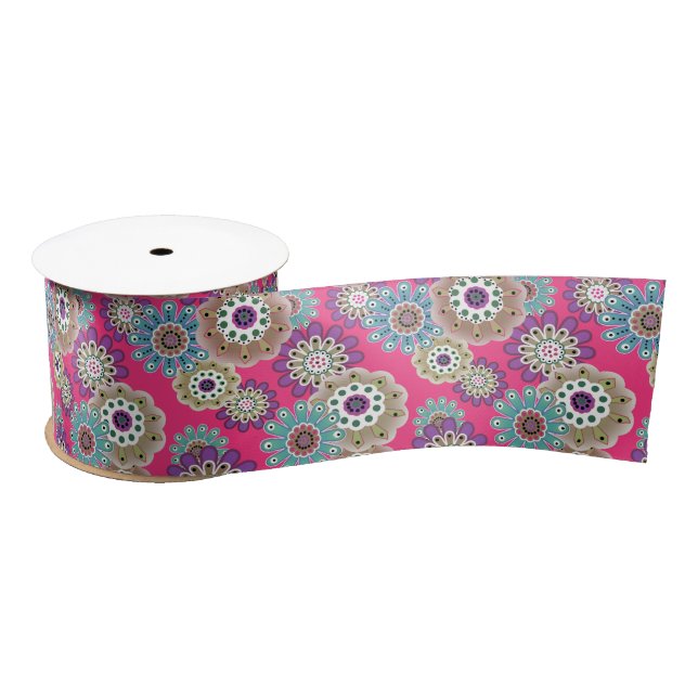 Colorful rustic floral pattern retro  satin ribbon (Spool)