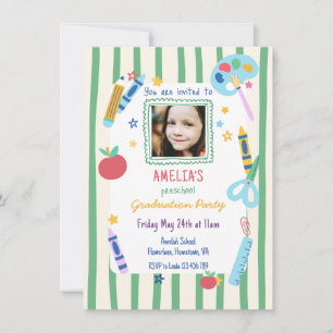Colorful School Themed Photo Preschool Graduation Invitation
