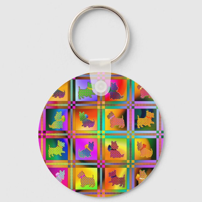   Colorful  Scottish Terriers with Plaid Pattern Keychain (Front)