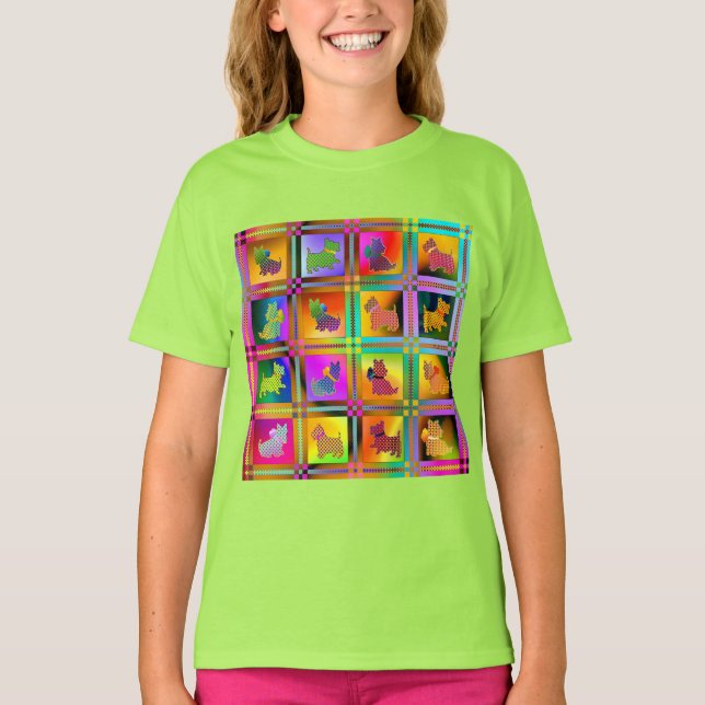   Colorful  Scottish Terriers with Plaid Pattern T-Shirt (Front)