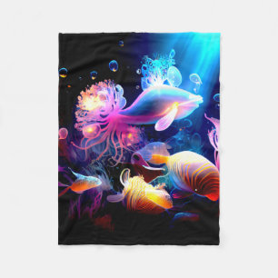 COLORFUL SEA ANIMALS, SEA CREATURES, PINK DOLPHIN  FLEECE BLANKET