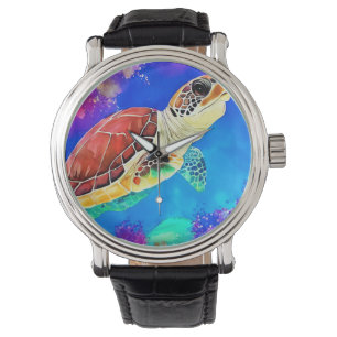 Colorful sea turtle underwater swimming watch