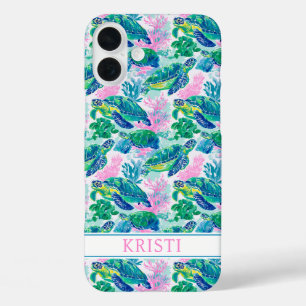 Colorful Sea Turtles Monogrammed iPhone 16 Plus Case