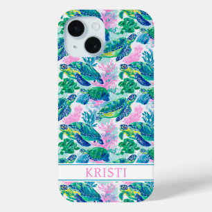 Colorful Sea Turtles Monogrammed iPhone 15 Case