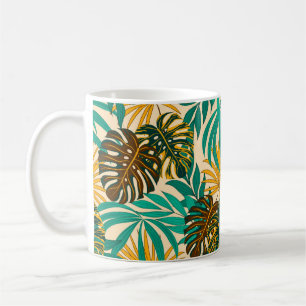 Colorful seamless pattern with tropical plants and coffee mug