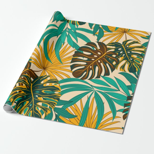 Colorful seamless pattern with tropical plants and wrapping paper (Unrolled)
