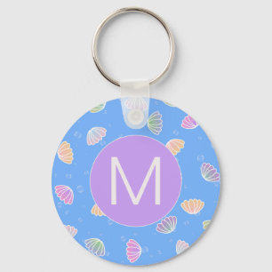 Colorful Seashells Pattern Light Blue Monogram Keychain
