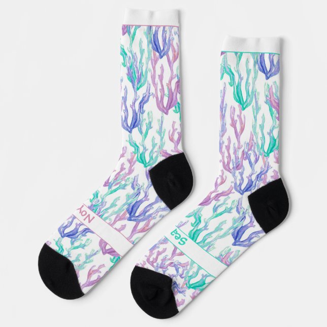 Colorful Seaweed, Text on White Socks (Left)