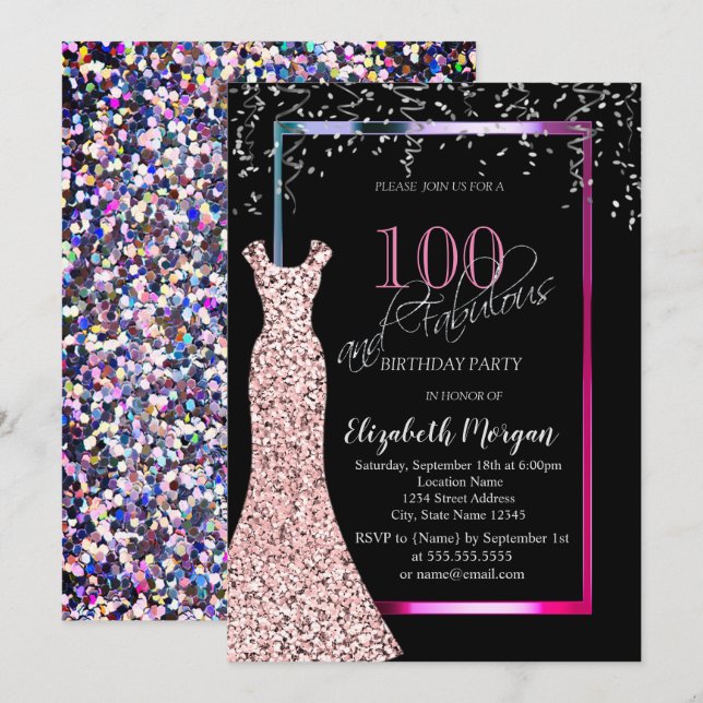 Colorful Sequins Rose Gold Dress 100th Birthday Invitation (Front/Back)