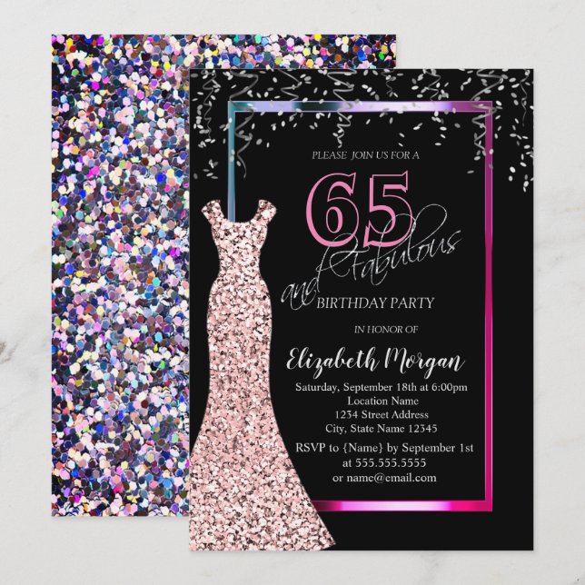 Colorful Sequins Rose Gold Dress 65th Birthday Invitation (Front/Back)