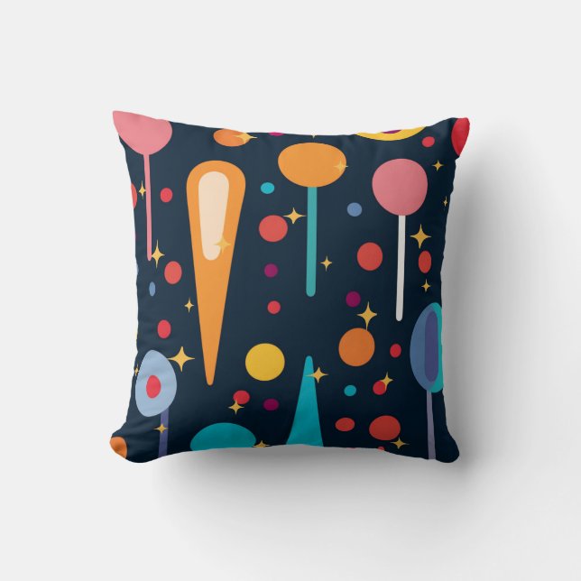 Colorful Shapes and Stars on Black Background Throw Pillow (Front)