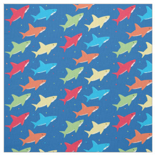Colorful Shark Pattern Cartoon Characters on Blue Fabric
