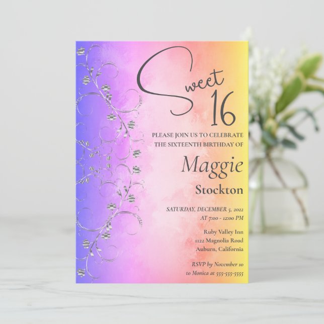 Colorful Silver Border Sweet 16 Invitation (Debout devant)