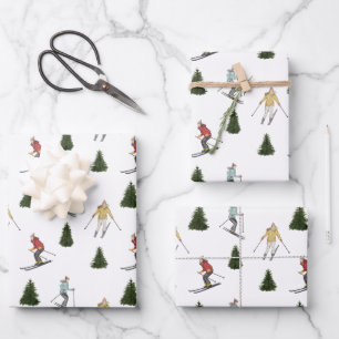 Colorful Skiers Festive Watercolor Winter Pattern Wrapping Paper Sheet