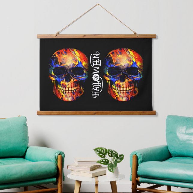 COLORFUL SKULL SKELETON HAPPY HALLOWEEN HANGING TAPESTRY (Living Room)
