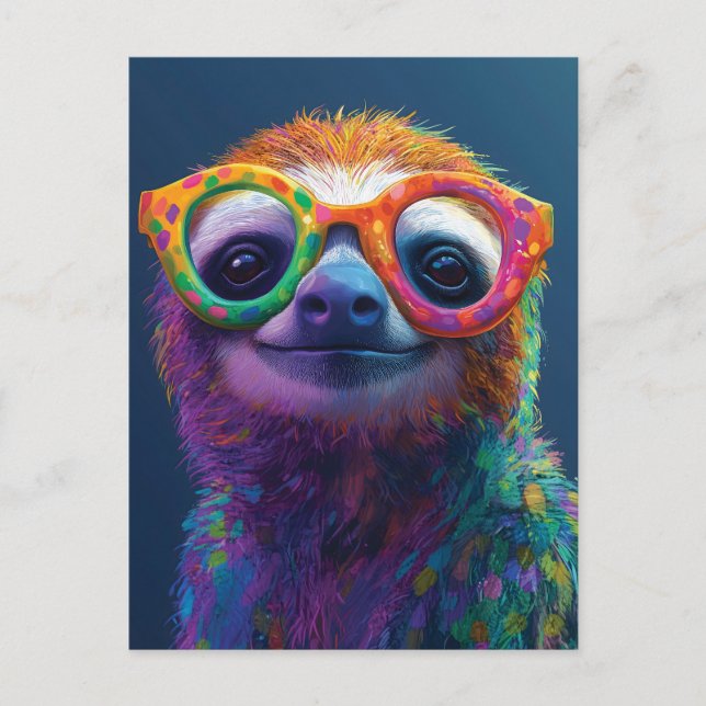 Colorful Sloth Fun Illustration with Glasses Postcard (Front)